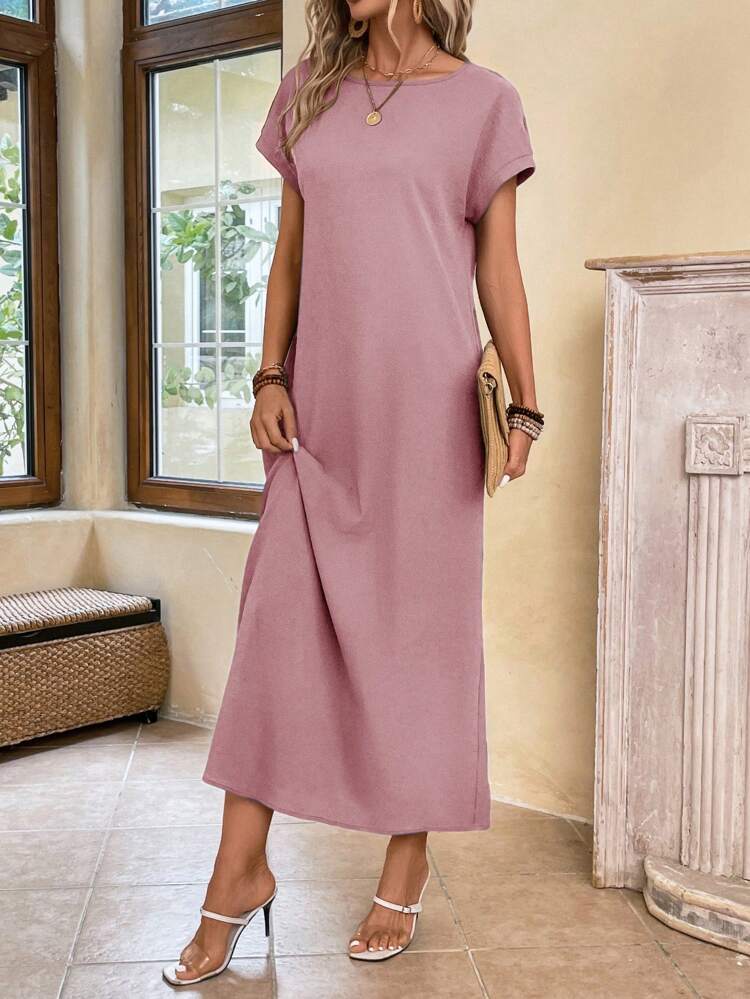 Ladies' Long Spring Pink Round Neck Batwing Sleeve Dress