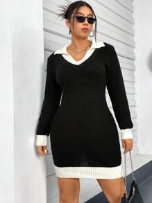 Flirla Women'S Plus Size 2 In 1 Sweater Dress - Black and White - View 3