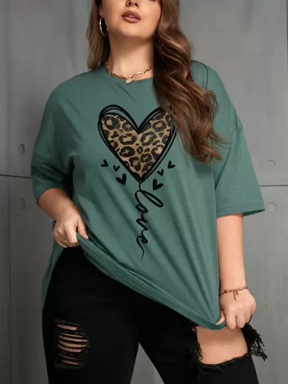 INAWLY Plus Size Heart And Letter Print Short Sleeve Summer T-Shirt