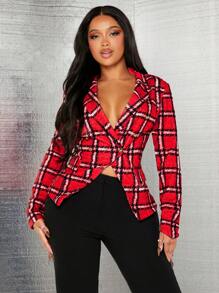 SHEIN SXY 女款紅色格紋西裝外套 - 玫瑰紅 - 查看 4