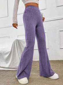 SHEIN EZwear Women's Elastic Waistband Ribbed Flared Pants - Purple - View 4