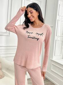 RueChic Letter And Eyelash Print Ribbed Knit Pajama Set - Pink - View 5