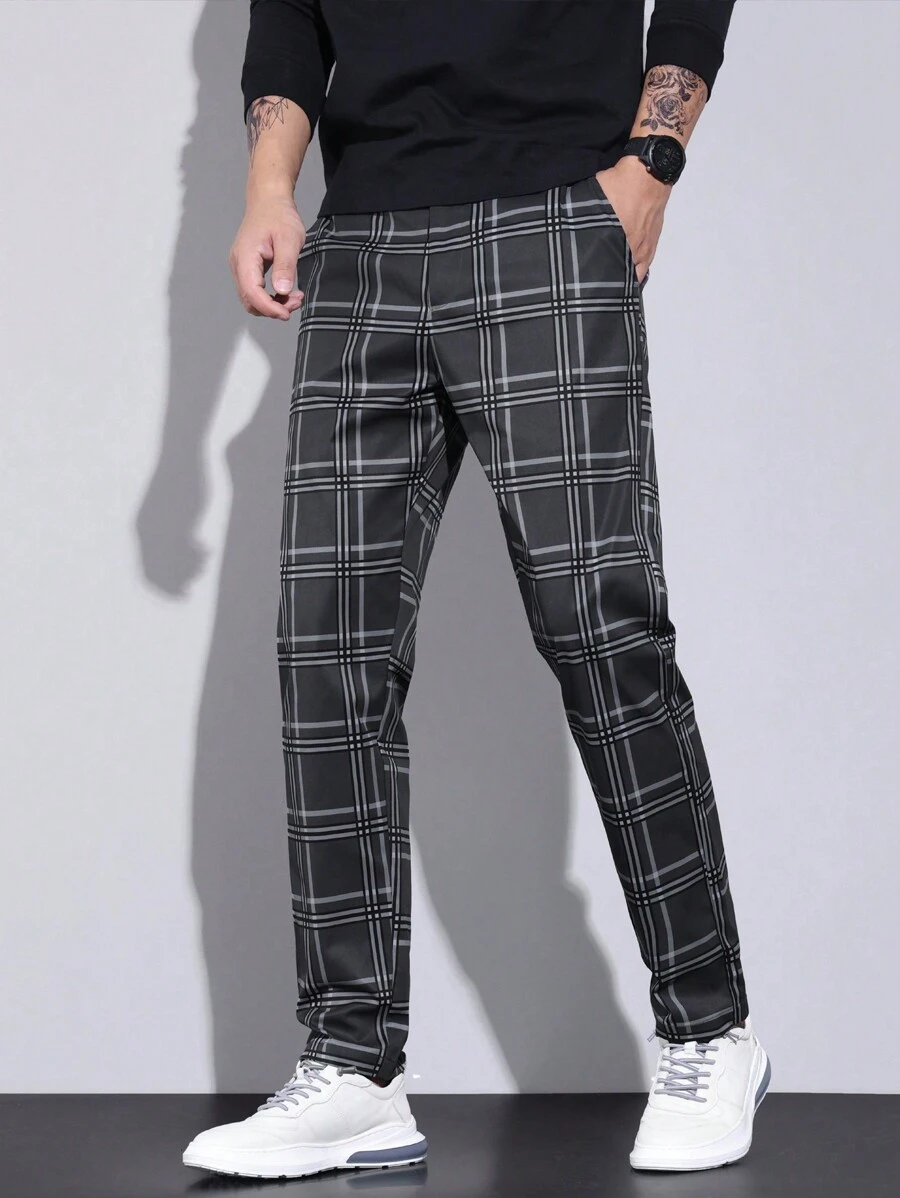 Manfinity Mode Men's Check Pattern Dress Pants With Pockets - Grey - View 1