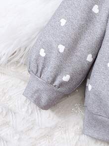 Girls' Heart & Cat Pattern Loose Fit Sweatshirt With Round Neckline - Grey - View 5
