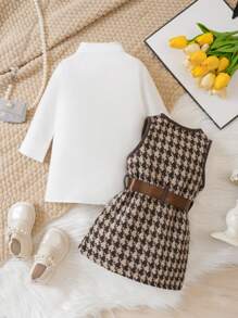 SHEIN Baby Girls' Thick Woolen Network Vest Jacket And Plaid Shirt Set, Spring/Autumn/Winter, For Christmas - Khaki - View 2