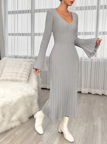 SHEIN Privé Women's V-neck Flared Sleeve Sweater Dress - Grey - View 5