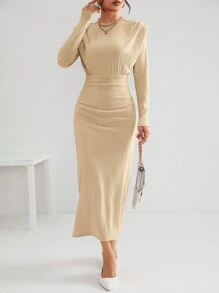 SHEIN Privé Women's Plain Pleated Padded Shoulder Dress - Apricot - View 5