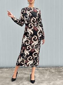 GENKIRA Vestido Largo Con Cuello Barco Plisado, Estampado Con Mangas Largas Y Abertura Trasera - Negro - Ver 5