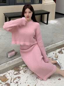 DAZY Patchwork Sweater And Knit Skirt Set - Dusty Pink - View 7
