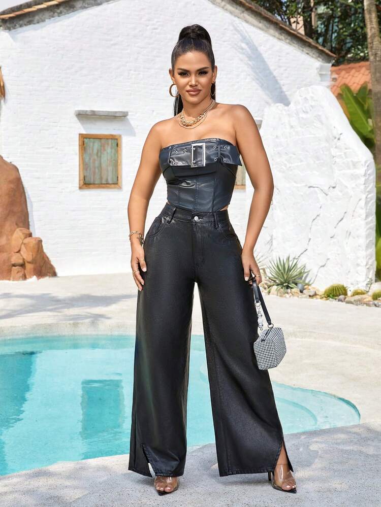 Women Solid Color Zipper Fly Wide Leg Pants With Slanted Pockets And Split Hem