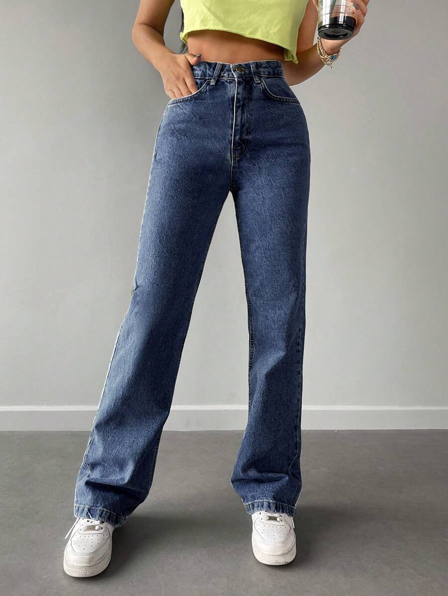 Cottnline Casual Straight Leg Jeans - Dark Wash - View 1