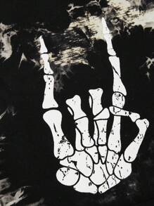 SHEIN EZwear Tie Dye Skeleton Hand Print Drop Shoulder Crop Tee - Black and White - View 3