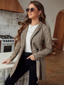 SHEIN Frenchy 女士格紋尖領雙排扣西裝外套 - 卡其色 - 查看 4