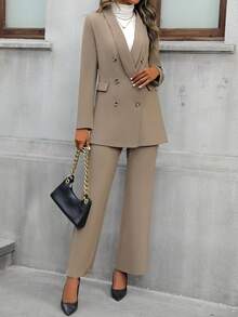 SHEIN Privé Khăn quàng DOUBLE-BREASTED Bộ đồ - màu nâu - Xem 4