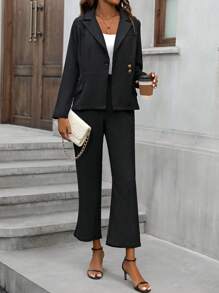 SHEIN Privé Solid Color Suit Set - Black - View 5