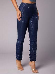 SHEIN BAE Christmas Sequin Stacked Pants - Blue - View 6