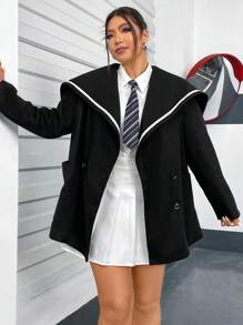 Flirla Của phụ nữ Kích thước lớn Phong cách Cổ áo có khía Đôi ngực Len áo - màu đen - Xem 4