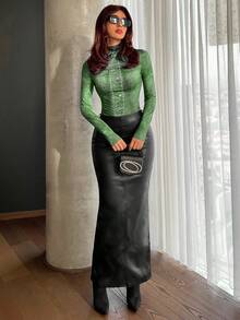 SHEIN Privé 女士牛仔效果印花修身 T 恤 - 綠色 - 查看 6