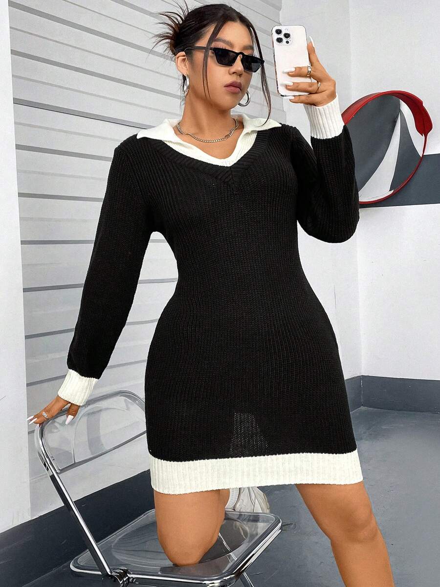 Flirla Women'S Plus Size 2 In 1 Sweater Dress - Black and White - View 1