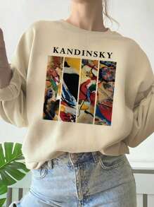 SHEIN EZwear Plus Size Women's Letter Printed Sweatshirt - Khaki - View 1