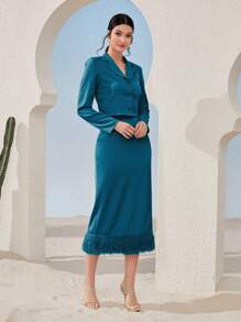 Seusyu 女士套裝,立領設計,前扣長袖襯衫搭配裙子 - 水鴨藍 - 查看 5