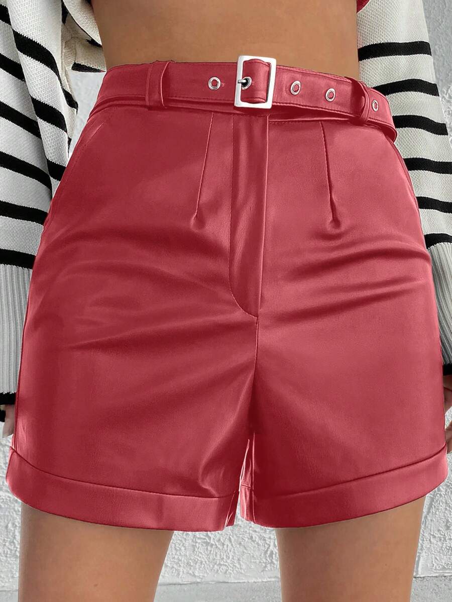 EURMUSE Women's Pu Short Pants With Belt - Red - View 1