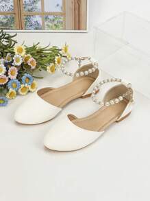 Fashionable Girls' Pointed Toe Flat Shoes For Children And Teenagers, Outdoor Leather Flats, White Pearl Decor Comfortable Casual Shoes - White - View 5