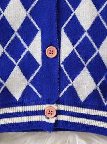 Infant Boys' Diamond Plaid Pattern Cardigan With Round Neckline - Blue - View 6