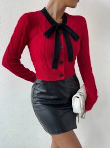 SHEIN Privé 女士綁領釦前針織衫 - 紅色 - 查看 6