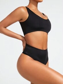 SHAPORA Women's Casual Comfy Knitted Fabric Black Colorblock Backless Shapewear Set With Mini Shorts - Black - View 7