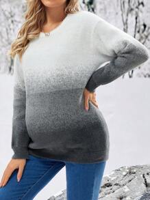SHEIN 孕妇优雅修身渐变色长袖圆领落肩毛衣，适合冬季