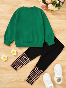 SHEIN Leap Crew Young Girl Comfortable Loose Fit Top And Pants Set For Casual Wear - Green - View 2