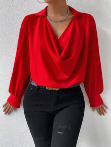 SHEIN Privé 純色披肩領衫 - 紅色 - 查看 3