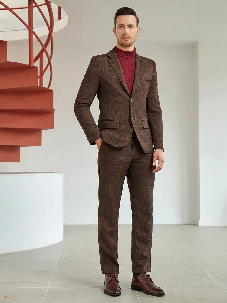 Men Plaid Single Breasted Blazer & Pants Suit Set