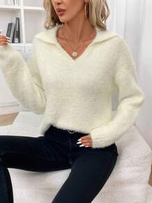 SHEIN Frenchy 女用翻領落肩毛衣 - 杏色 - 查看 3