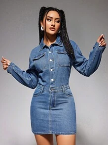 SHEIN EZwear Kvinnors Kort Skjortklänningar i Denim - Mediumtvätt - Visa 2