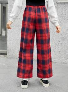 SHEIN Leap Crew Tween Girls Loose Plaid Print Pants, Suitable For Autumn And Winter - Red - View 2