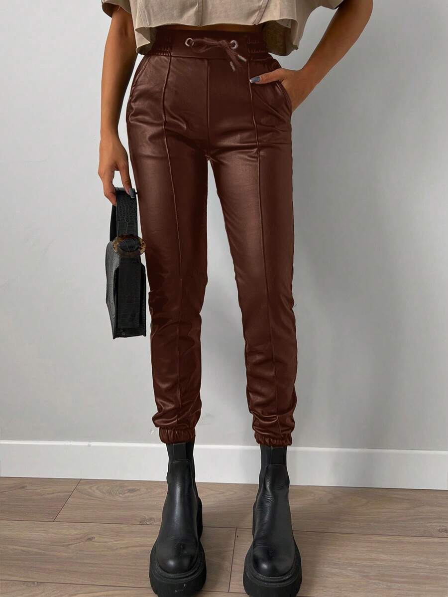 EURMUSE Pantalones de cintura con cordón de recubierto - Marrón - Ver 1