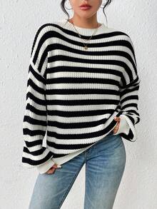 SHEIN Essnce Sọc Thả vai Áo len - Đen và trắng - Xem 4