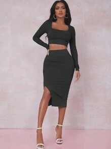 EURMUSE Solid Crop Tee & Split Thigh Skirt - Dark Grey - View 4