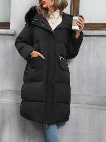 SHEIN LUNE 女士黑色连帽长款棉服棉袄冬季拼布 - 黑色 - 查看 3