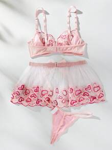 Heart Embroidery Mesh Underwire Lingerie Set - Pink - View 2