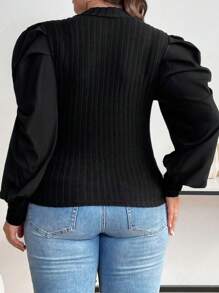 Flirla 女款大尺碼泡泡袖半高領上衣 - 黑色 - 查看 2