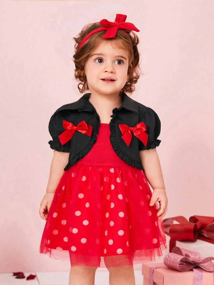 Baby Girls' Polka Dot Net Yarn Strap Dress With Short Jacket And Headband 3pcs Outfits