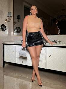 SHEIN SXY 女士加大號立領鑲鑽馬甲 - 駝色 - 查看 5