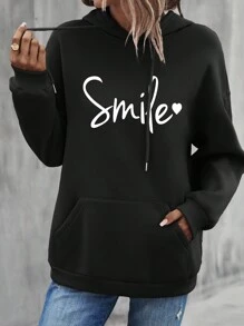 RueChic Women's Hooded Sweatshirt With Letter Print And Drawstring - Black - View 3