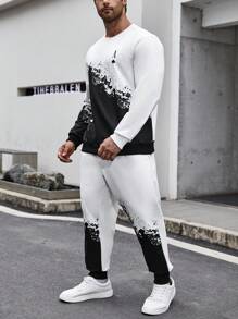 Manfinity LEGND Men Plus Color Block Letter Printed Sweatshirt And Sweatpants Set - Black and White - View 3
