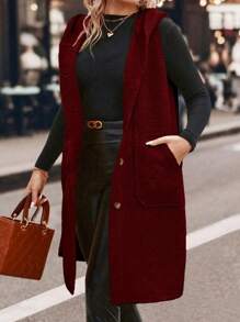 SHEIN LUNE 大碼單排扣連帽馬甲外套 - 酒紅色 - 查看 4