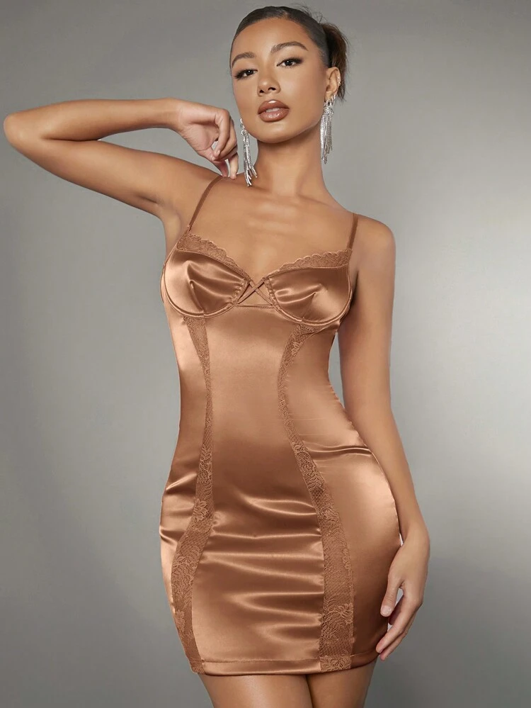 Ladies' Satin Fabric, Lace Edged Strap Dress