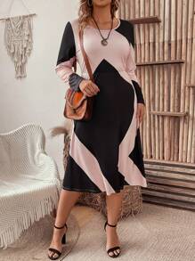 SHEIN Clasi Vestido De Manga Larga Con Estampado Geométrico De Talla Grande - Multicolor - Ver 1